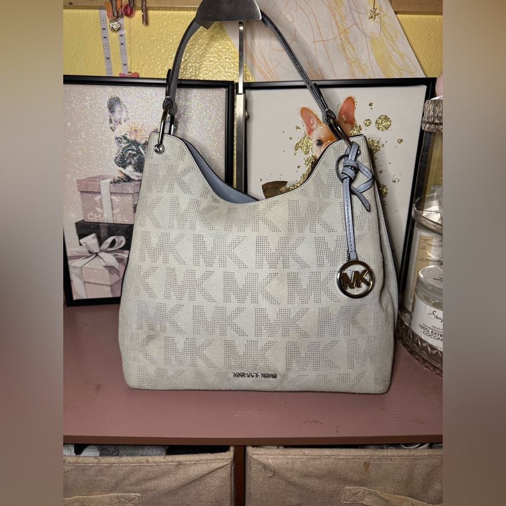 Michael Kors Joan Large Logo Light Blue Suede Shoulder Bag